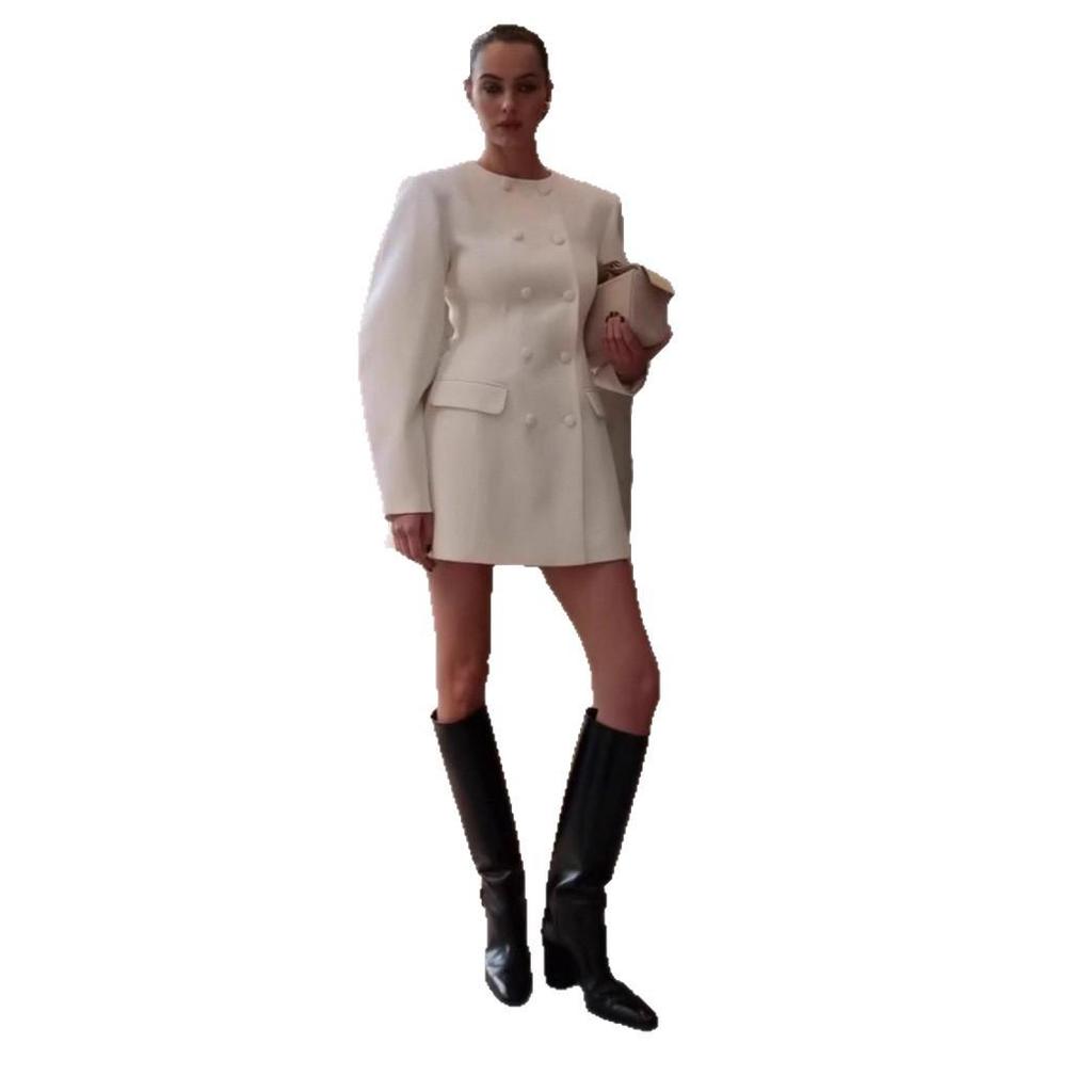 2025 Summer European & American Women's Fashion: Double-Breasted Long Sleeve Workplace Dress with Round Neck and Buttons