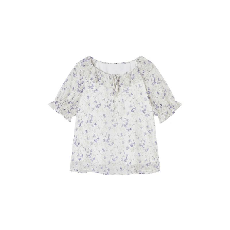 Women s Summer French Floral Ruffle Chiffon Blouse S