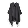 Women’s V‑Neck Knitted Poncho Cape with Toggle Buckle – Mid‑Length Autumn Winter Fringe Shawl Cardigan