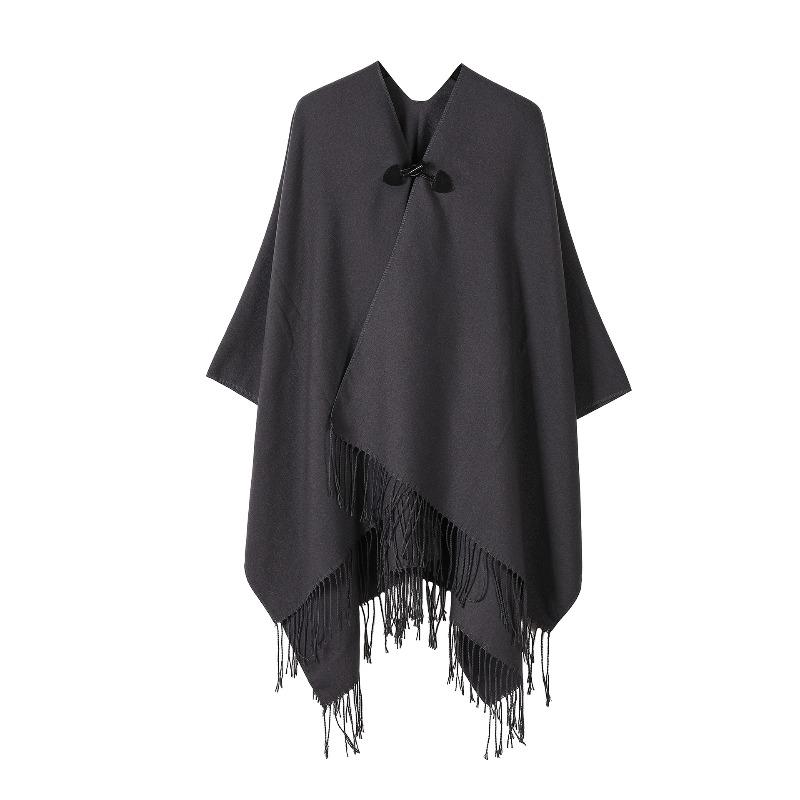 Women’s V‑Neck Knitted Poncho Cape with Toggle Buckle – Mid‑Length Autumn Winter Fringe Shawl Cardigan