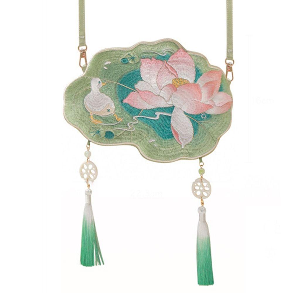 Sweet Embroidery Lotus Shoulder Bag Antique Style Handmade Chinese Hanfu Bag Traditional Elegant Ancient Style Messenger Bag