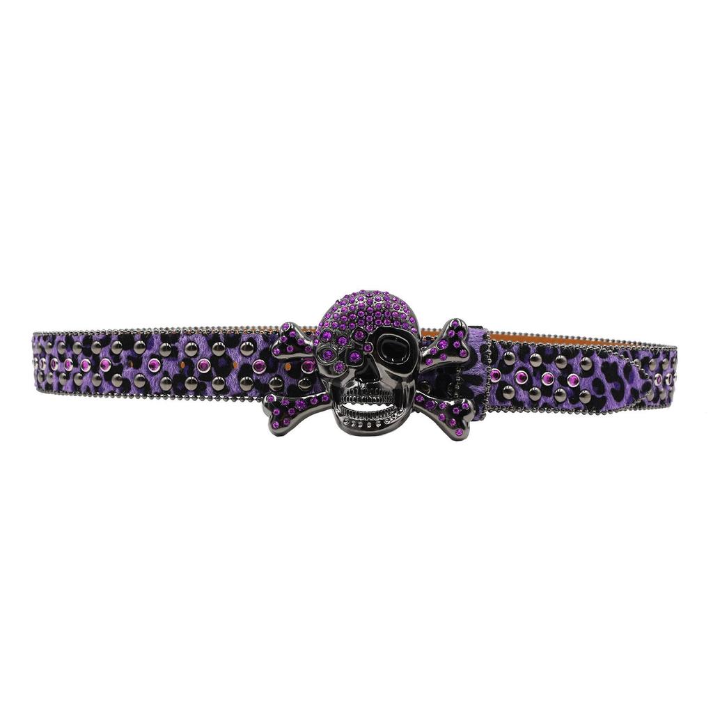 Women’s Skull Leopard Print Rhinestone Belt - Dark Punk Style, Fully Inlaid with Diamonds