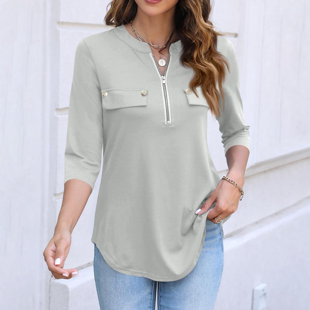 Women's Casual Fashion Polo Collar Half Zip Three Quarter Sleeve Top with Faux Pockets Relaxed Fit Lightweight Blouse