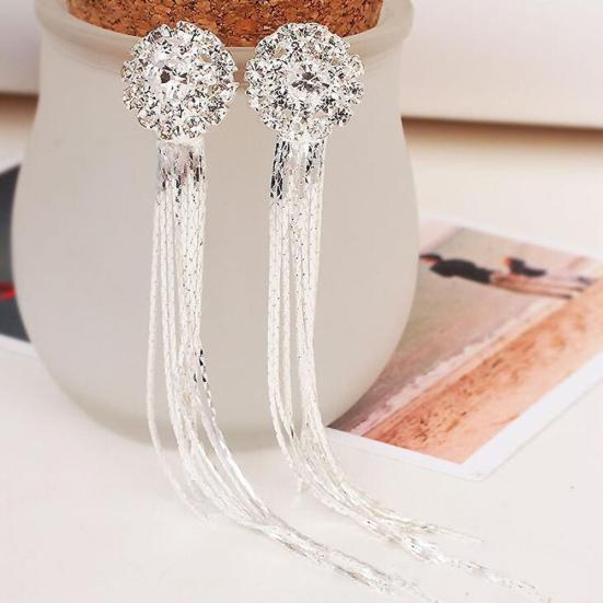 Women Shiny Rhinestone Long Tassel Dangle Stud Earrings Fashion Bride Jewelry