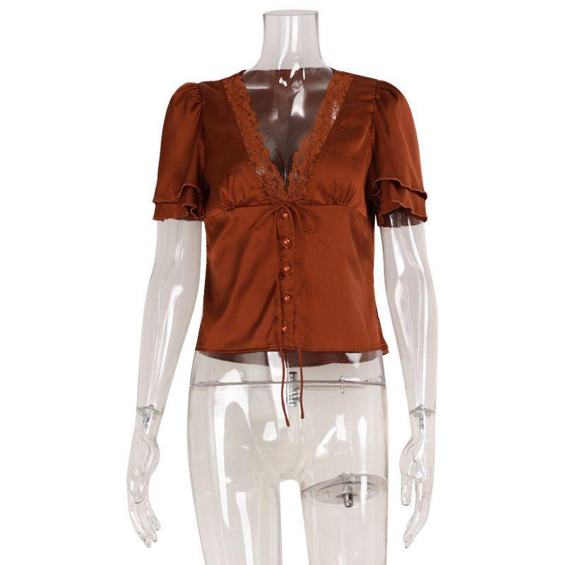 French-Style Lace-Up Lace Patchwork T-Shirt, Slim Fit, New Summer Style, Pure Desire Hot Girl Short Sexy Short-Sleeve Top