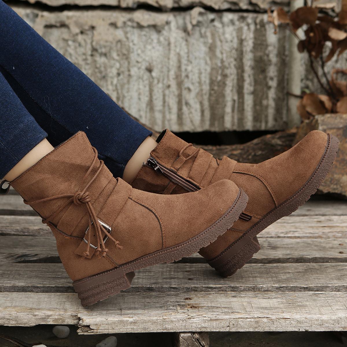 

модные женские полусапоги осень-зима новые повседневные ретро-сапоги с застежкой-молнией сбоку и круглым носком на низком каблуке ботильоны женские сапоги больших размеров 42 верблюд