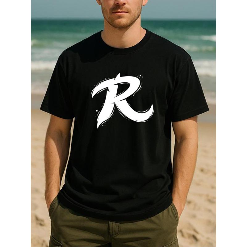

European sizes Washout Letter R Trendy Minimalist Style Fashionable Printed T-shirt, Men s Clothing, 4XL чорний