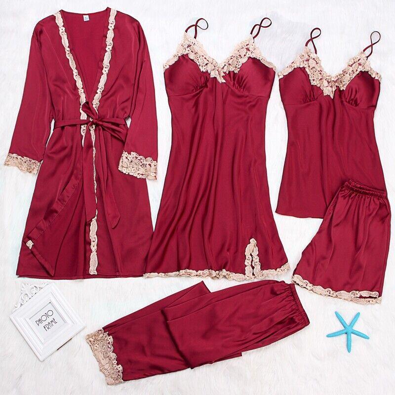 5 Pieces/Set Silk Satin Sleepwear Women Girls Sexy Pajamas Set Lace Sleep Nightwear Homewear Accessories