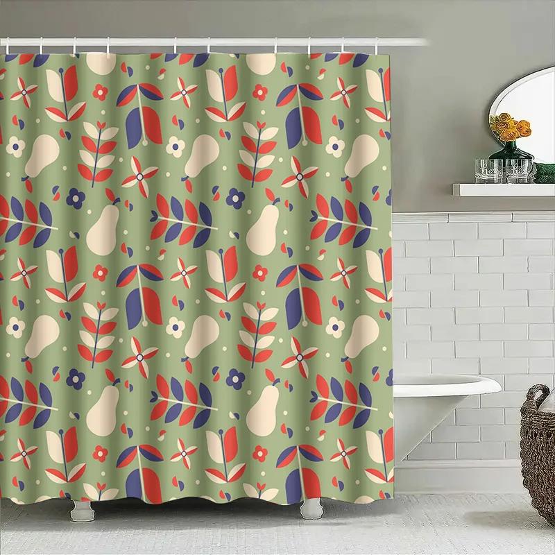 Vintage Pattern Bath Shower Curtain Decor Retro Flowers Leaves Print, Waterproof Fabric For Bathtub Home Decoration (Green)