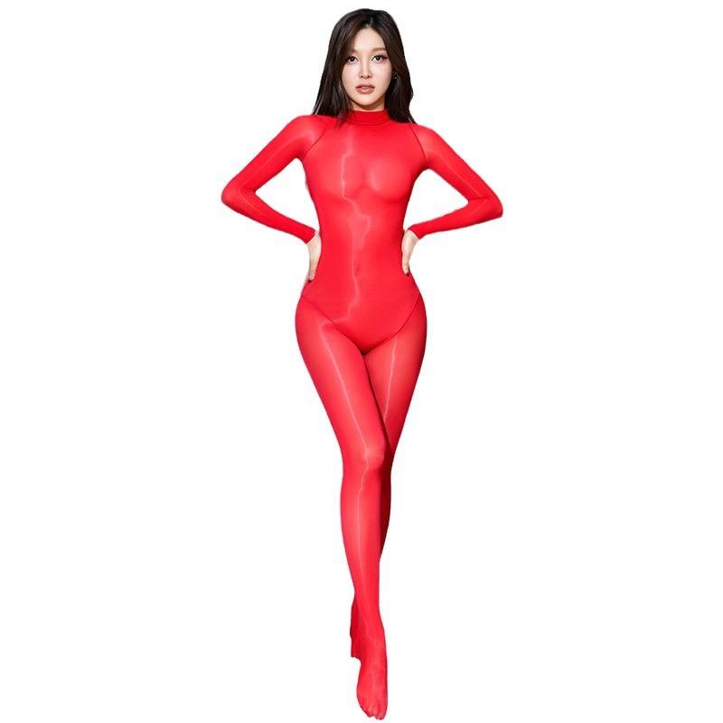 Chest Seamless Leg Seamless High Fork Shiny Jumpsuit 5D Tights Sexy Men's and Women's Same Style Turtleneck Stockings
