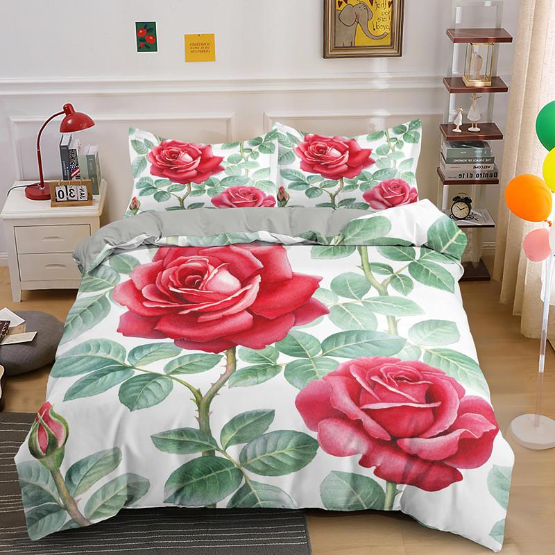 Red Rose King Queen Duvet Cover Romantic Flowers Bedding Set For Kids Teens Adults Girly 3D Floral Black Soft 2/3pcs Quilt Cover