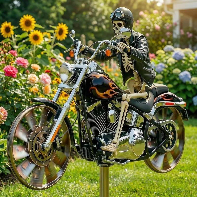 Garden Wind Spinner, Green Tractor Motocycle Fighter Jet Windmill Stake with Rotating Wheels for Patio Yard Garden,Unique Outdoor Sculptures Ornament