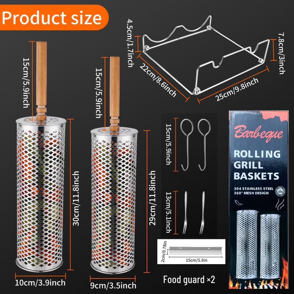 Outdoor BBQ Rolling Grill Basket, 304 Stainless Steel Barbecue Cylinder Net Cage.