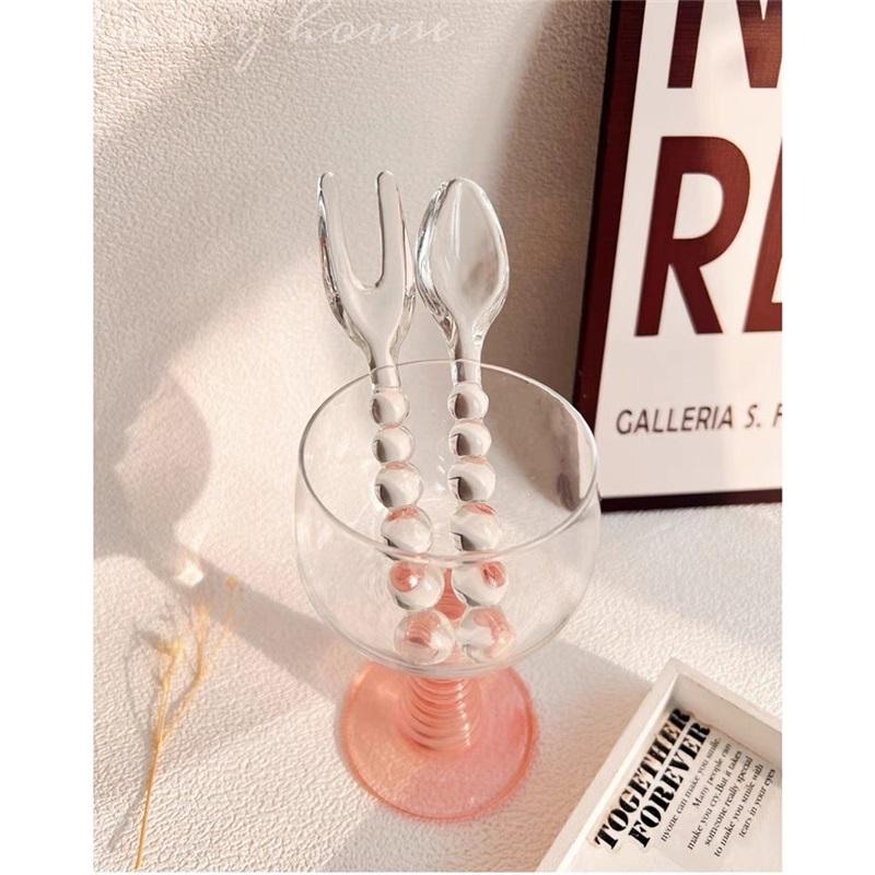 Glass Beads Pastry Glass Tableware Spoon Fork Creative Primary Color Pink Green Glass Spoon Spoon Household