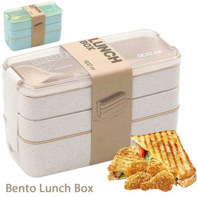 900ml Bento Box für Kinder 3 Stapelbare Lunchbox Auslaufsicher Tragbarer Lunch-Lebensmittelbehälter Weizenstroh Lebensmittelaufbewahrungsbox Spülmaschinenfest