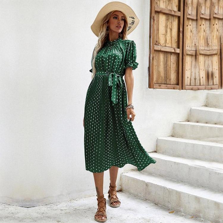 Women's Polka Dot Printed Dress Casual Crew Neck Tie Pleated Spring Summer Short Long Sleeve Mediumn
