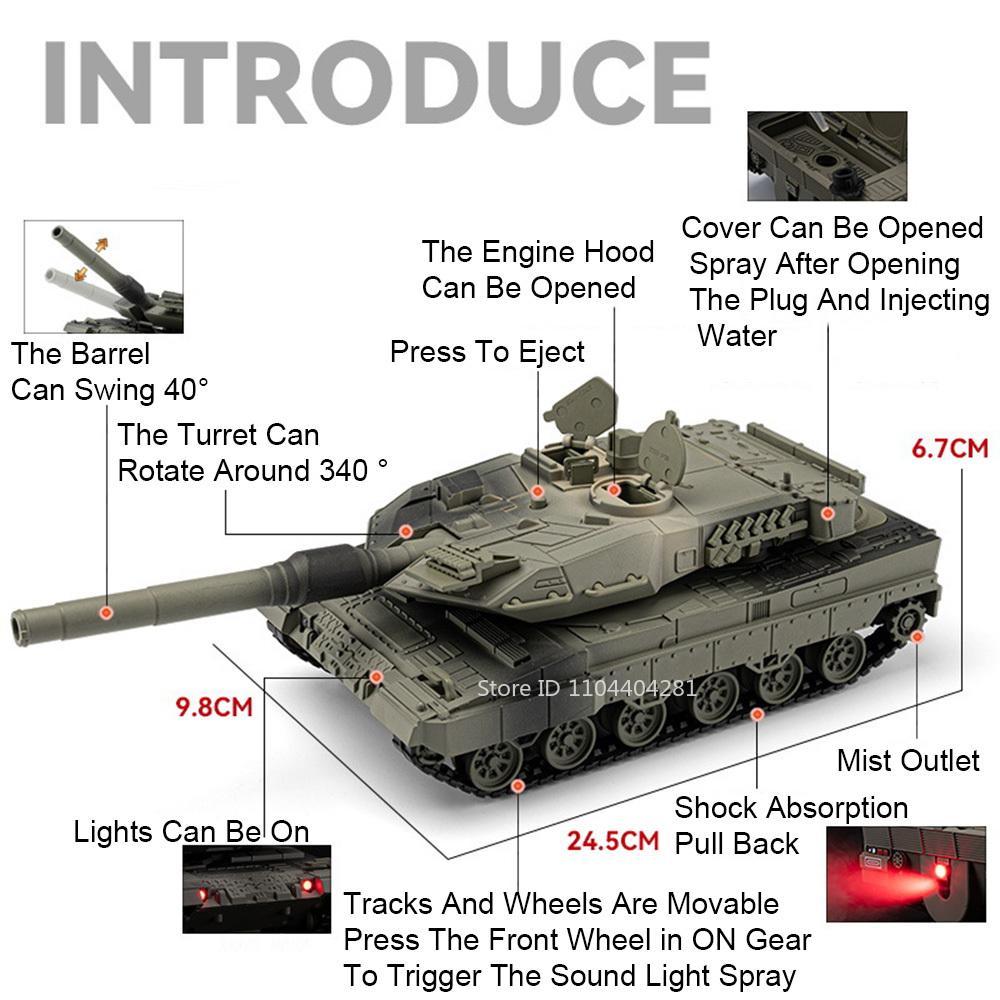 1:36 Leopard 2 Main Battle Tank Model Witness-136 Drone Alloy Diecast Car Toys Sound Light Pull Back Vehices Boy's Birthday Gift