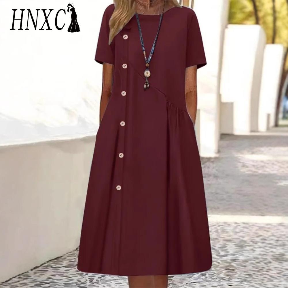 

HNXC женская мода лето весна однотонный принт с коротким рукавом и круглым вырезом с высокой талией повседневные платья L бордовый