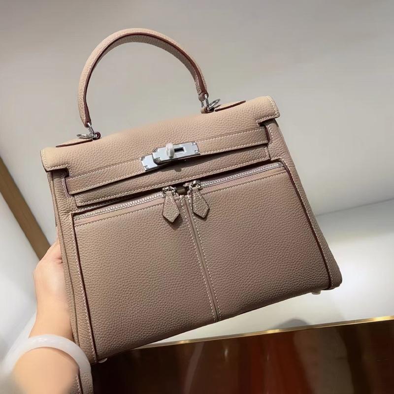 New Lakis Bag With Double Zippers And Wide Shoulder Straps High-end Multi Pocket Good Texture Swift Genuine Cowhide