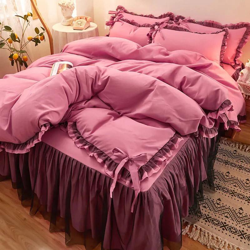 4pcs/set Korean Version Thickened Brushed Four-piece Sets Non-slip Bedspread Lace Ruffled Bed Skirt Princess Style Bedding Set