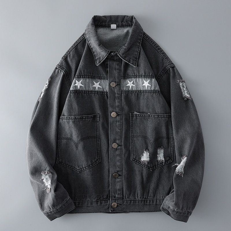 Ripped Black Embroider Workwear Denim Jacket Men's Spring and Autumn Trendy Retro Export Export Tail Single Men's Clothing Jacket
