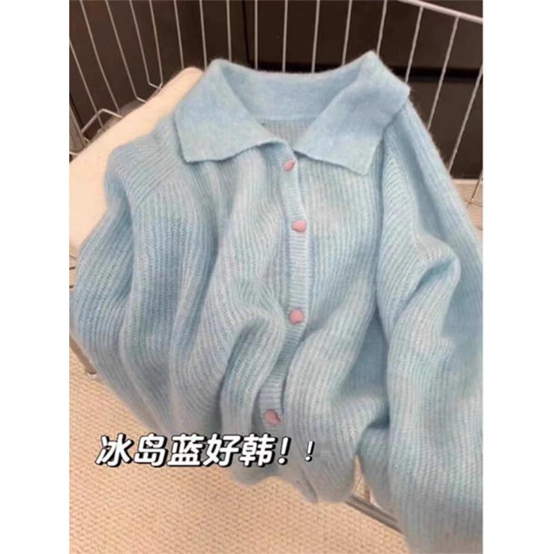 Gentle wind blue sweater lazy wind women's autumn and winter lapel knitting soft waxy design unique top