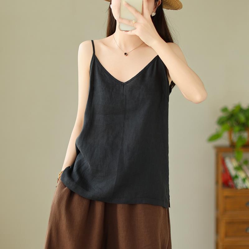 QICED Summer Light and Soft Fine Linen Small Sling Pure Linen V-neck with Artistic Sling Vest