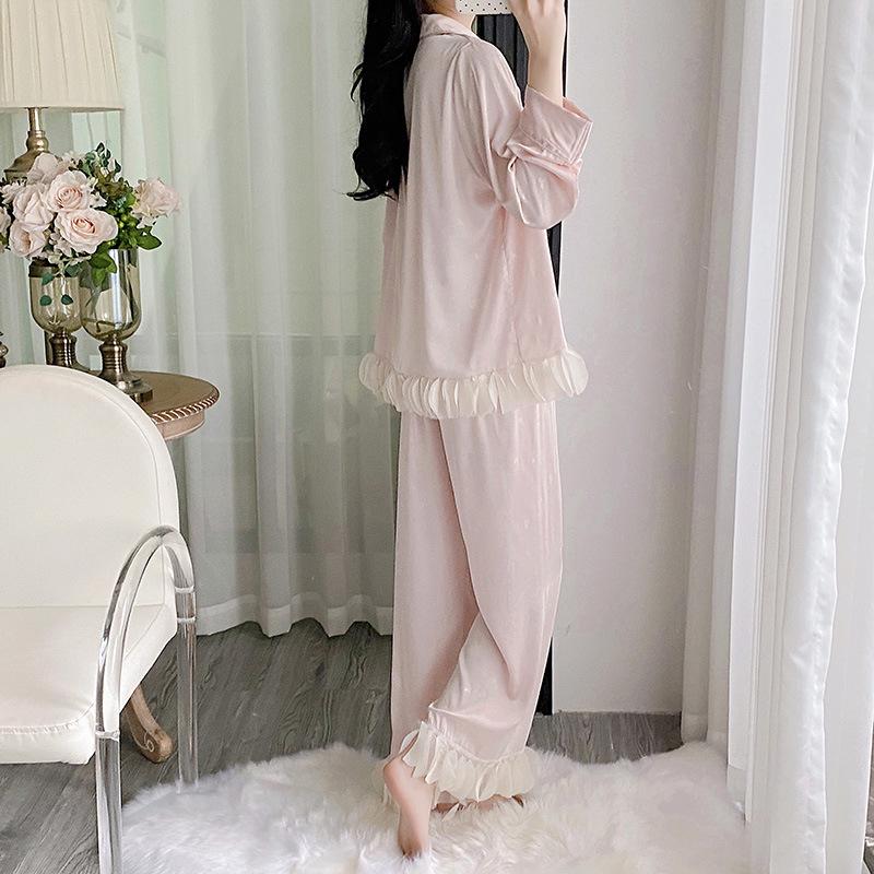 Ice Silk Pajama Set - Women's Long Sleeve & Pants with Lace, Sweet Style, Wearable Outdoors, 2025 Collection