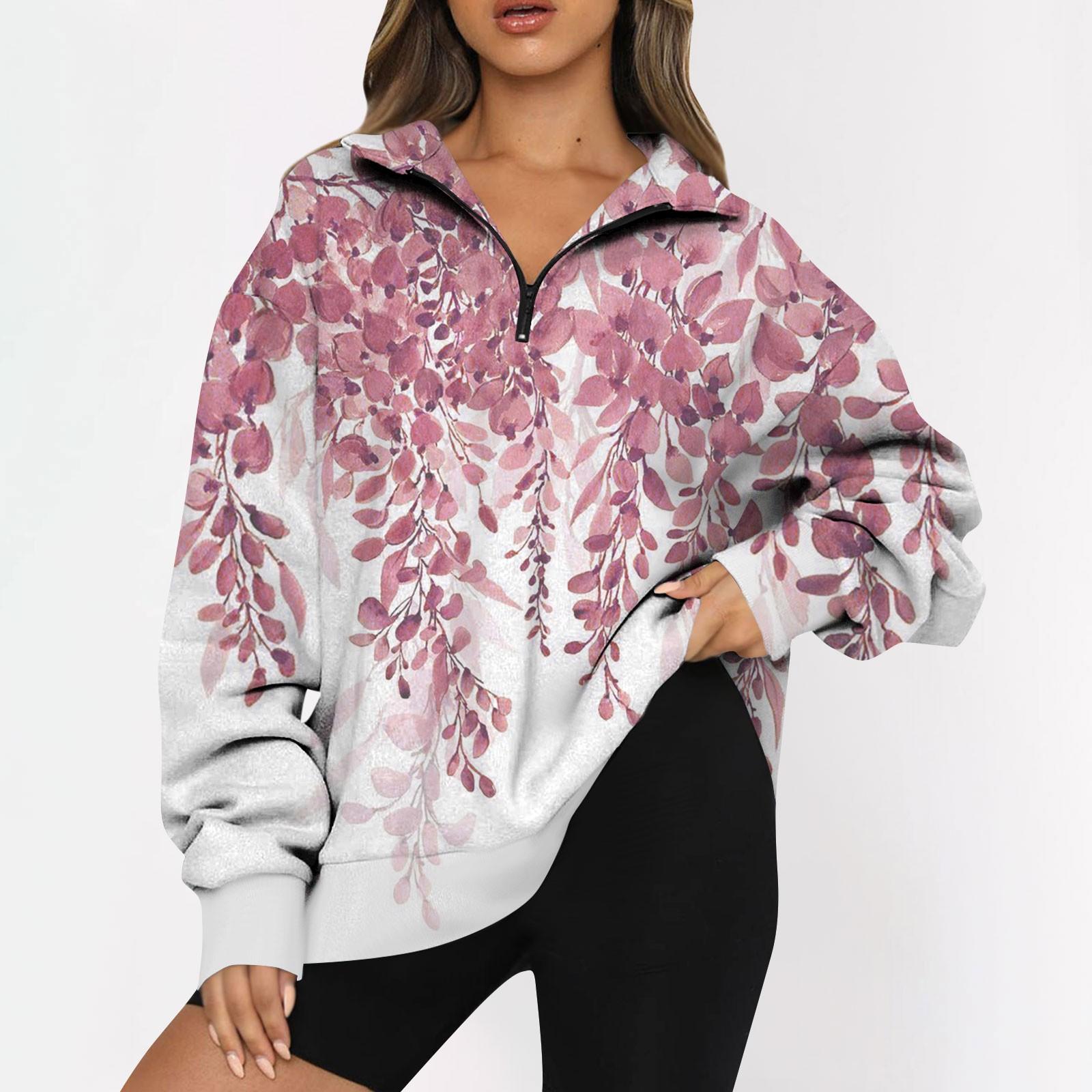 

Женская повседневная модная толстовка на молнии с длинным рукавом и цветочным принтом, топ на молнии L розовый