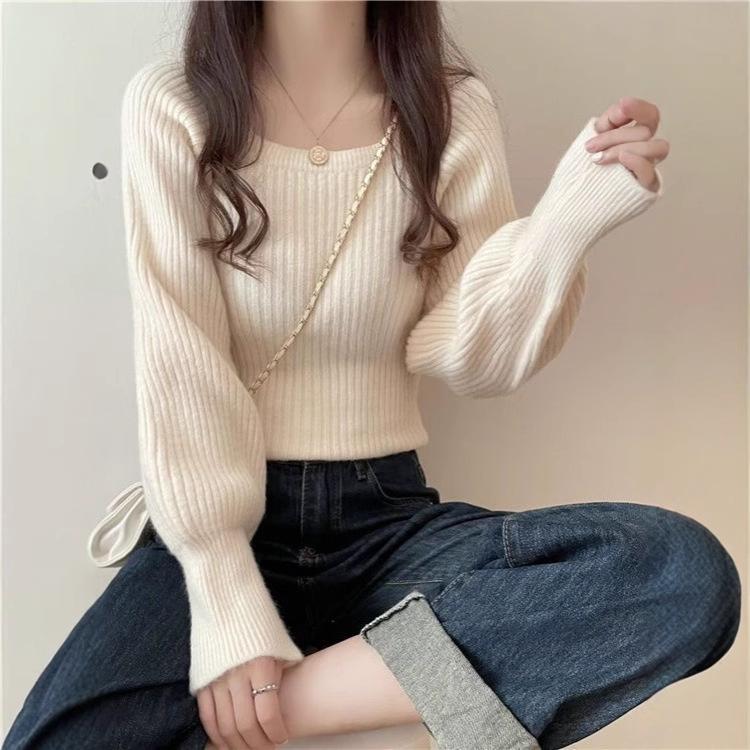 Herbst Winter Französischer Quadratischer Ausschnitt Puffärmel Design Nische Layer Wear Quadratischer Ausschnitt Strick Basic Layer Pullover Damen Top