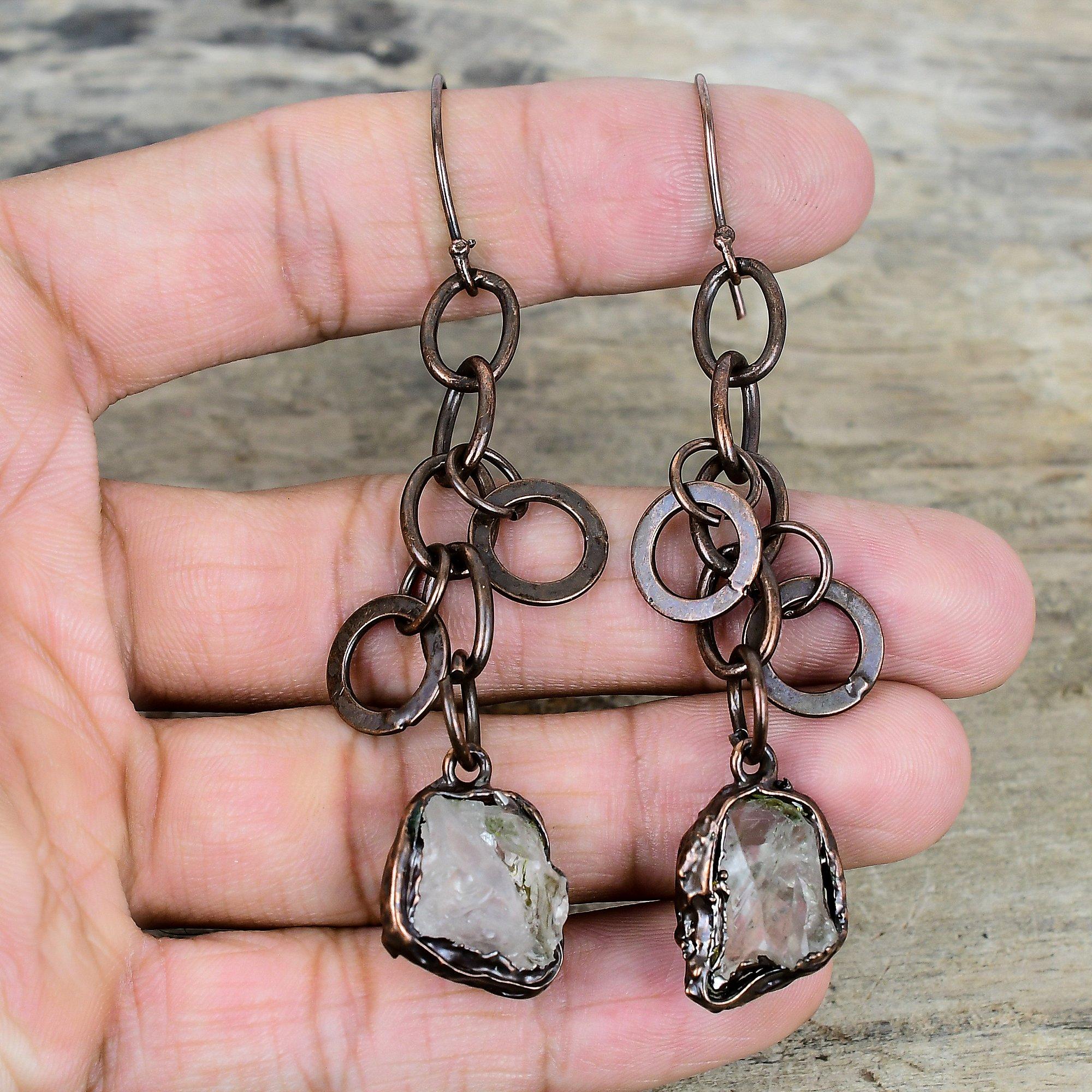 

Серьги-пуссеты из необработанного белого топаза, серьги из гальванизированной меди, серьги с натуральными драгоценными камнями, медные украшения ручной работы, подарки для нее, антикварные серьги-капли