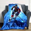 Ice Hockey Player In Action On A Sparkling Blue Background With The Word At The Bottom Cozy Customizable Blanket Personalized Name Soft Warm Cozy