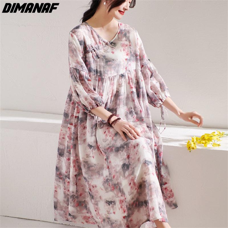 

DIMANAF 2023 Plus Size Летнее платье Платье Лен Повседневная женская одежда с длинным рукавом Розовые цветочные платья
