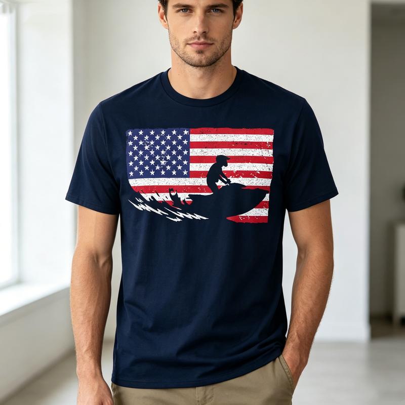 American Flag Jet Ski Graphic T Shirt Vintage USA Flag Jet Skiing Print Unisex Soft Cotton Crew Neck Short Sleeve Trendy Casual
