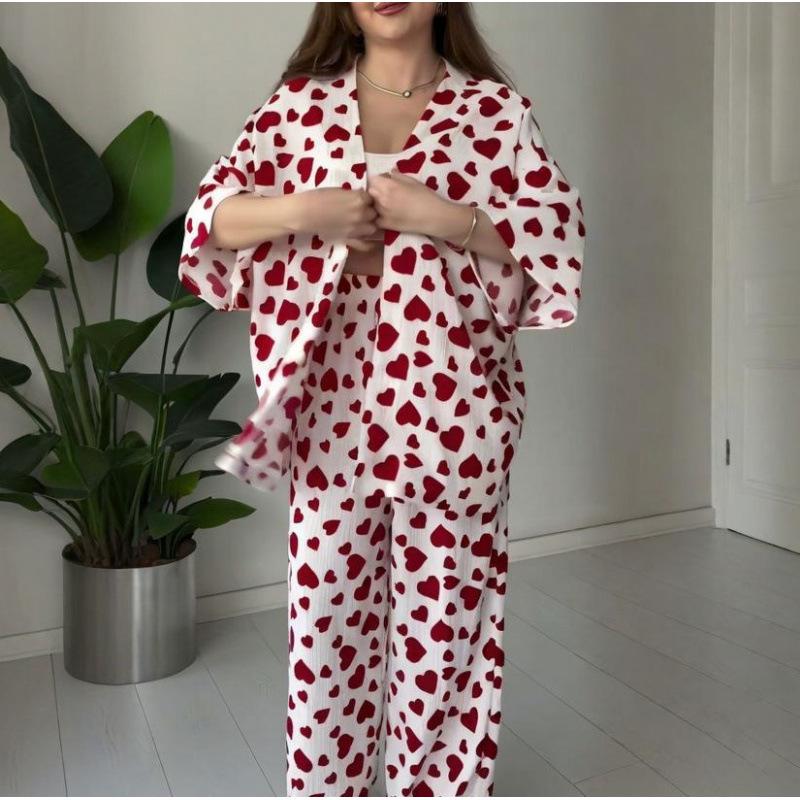

European & American Spring/Fall 2025 Heart Print Long-Sleeve Shirt & Loose Pants Women s Two-Piece Set Small червоний/білий