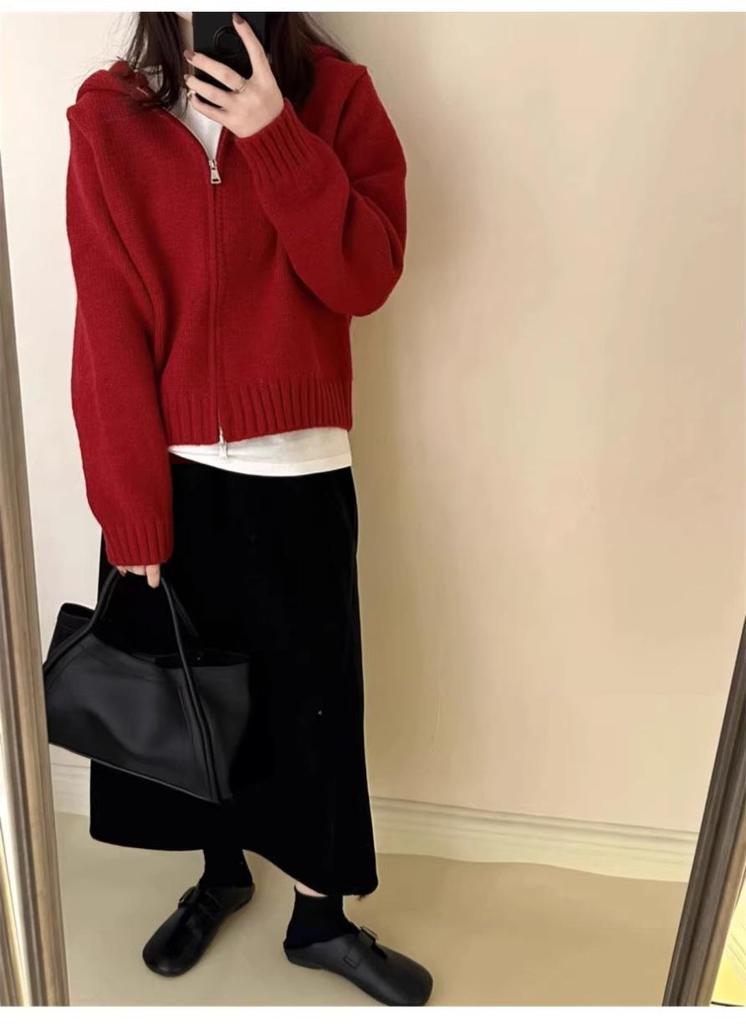 Women's Autumn/Winter Hooded Wool Knit Cardigan - Double Zipper Short Loose Sweater Coat