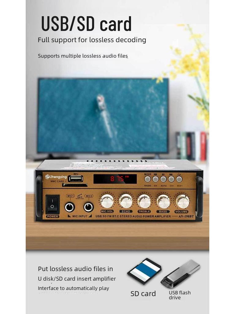 Dual-Channel Bluetooth Amplifier with USB Radio & Wireless Remote