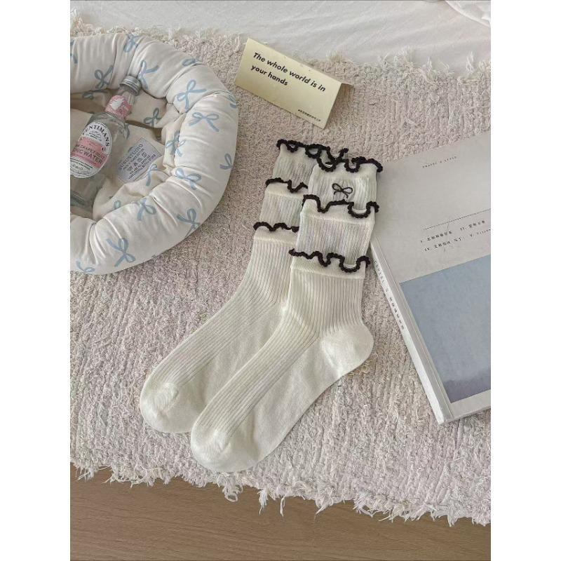 5 Pairs of Women's Summer Thin Breathable Cotton Lace Bow In The Tube Pile Socks