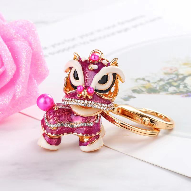 Chinese Cartoon Lion Dance Keychain Rhinestone Qilin Car Pendant Gift