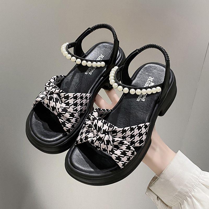 Ladies Shoes Black Pearl Round Toe Tip Platform Women's Sandals Cheap Liquidation Sandal High Quality on Offer 2025 Luxury Shoe