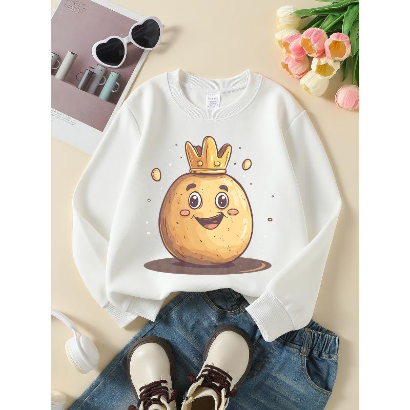 Kids Sweatshirt Crewneck Sweatshirt for kids Featuring a Smiling Golden Crowned Potato, Suitable for Machine Washing