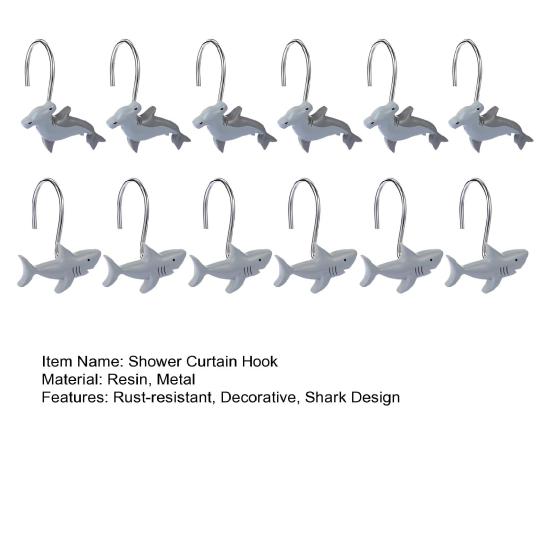 12 Pcs Shower Curtain Hooks Decorative Shark Shower Curtain Hangers Heavy Duty Metal Shower Curtain Rings for Bathroom Bedroom Living Room Decor
