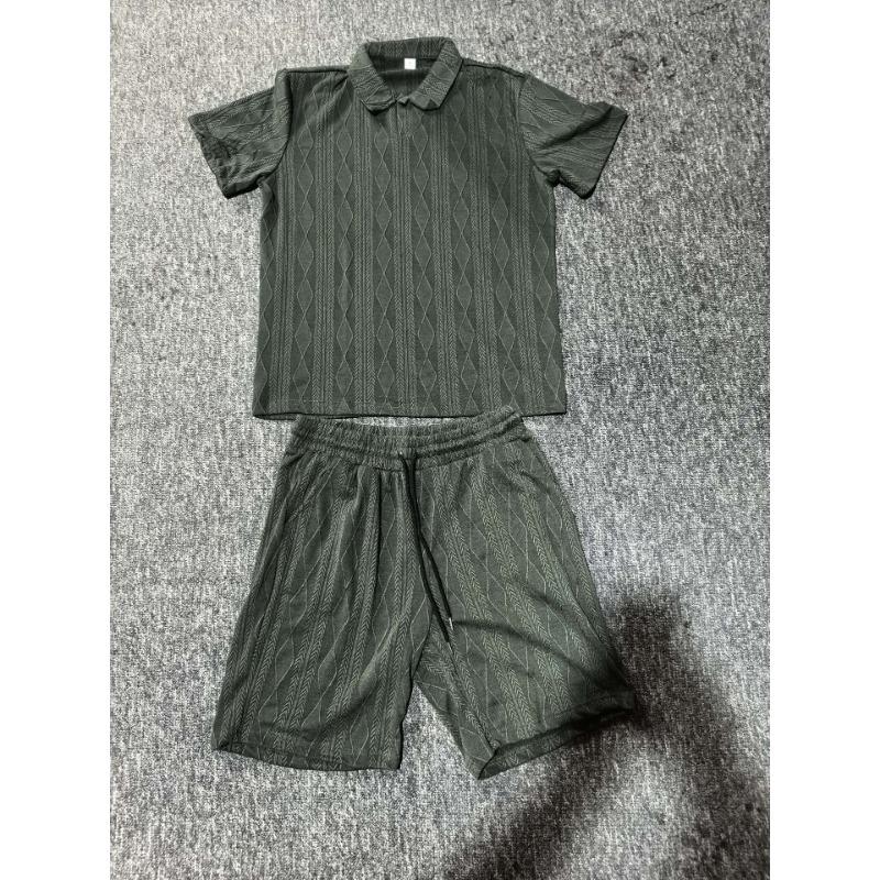 Men Casual Summer Turn Down Collar Short Sleeve Jacquard Polo Shirt And Shorts Set