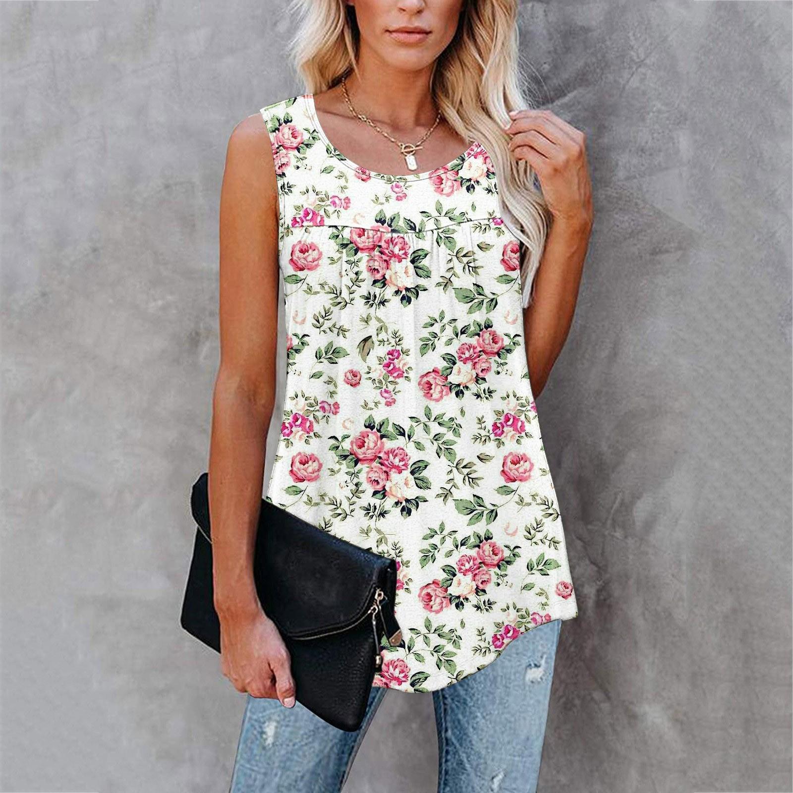 

Женская повседневная свободная майка больших размеров с цветочным принтом без рукавов плиссированная футболка XXL белый