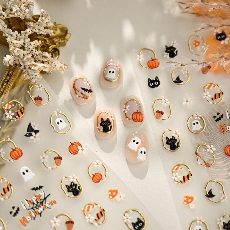 5D Embossed Halloween Nail Stickers Self Adhesive Nail Decals With Ghost Pumpkin Cat Mushroom Patterns Gold Trim Manicure Slider