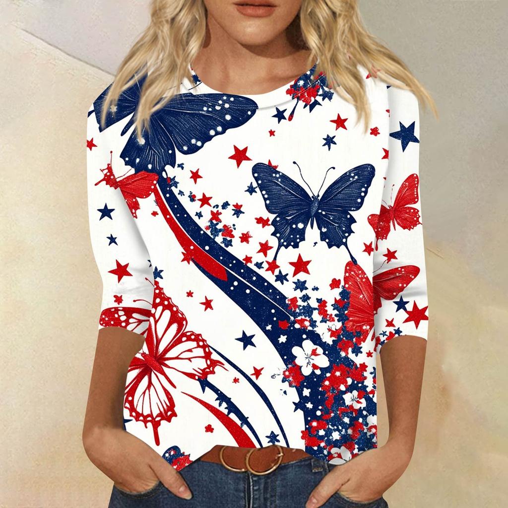 Dammode avslappnad rund hals 3/4 ärm lös tryckt T-shirt dam topp