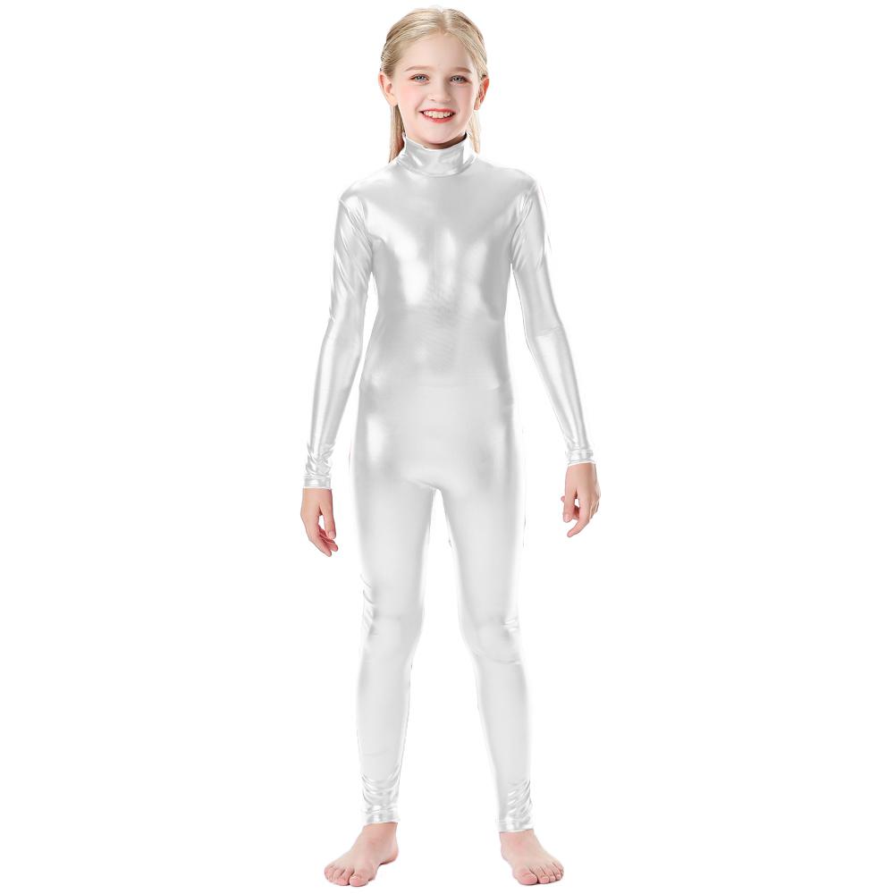 

Блестящий металлический комбинезон с воротником-стойкой на молнии сзади, цельный комбинезон с длинными рукавами, детский костюм Wetlook XXL