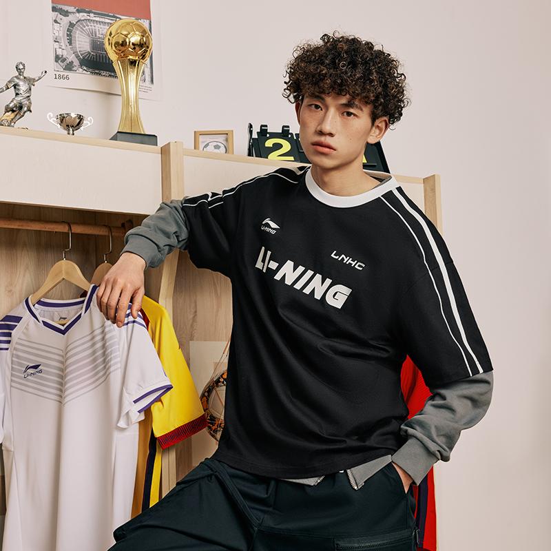 Li-Ning American Retro Letter Logo Stripe Print Round Neck Loose Comfortable Casual Short Sleeve Drop Shoulder T-Shirt Unisex Tops Black AHSU657-2