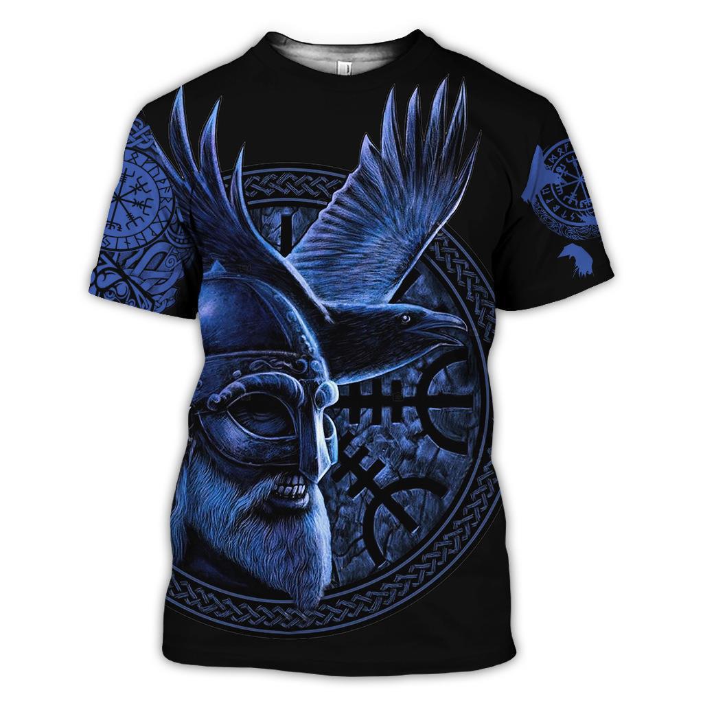 Summer Round Neck 3D Viking Tattoo Print Top Fashionable Casual Short Sleeved Men's T-shirts