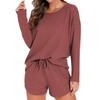 Damen Waffelstrick Pyjama Set Lässiges Langarm Oberteil und Shorts Nachtwäsche 2-teiliges Pjs Lounge Set mit Taschen